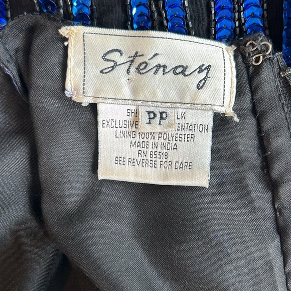 Vtg STENAY 100% Silk Top Black Blue Sequin Beaded Stripe Silk Short Sleeve 80s - Picture 9 of 10